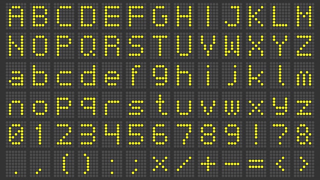 Ledディスプレイフォント デジタルスコアボードのアルファベット 電子サイン番号 空港の電気スクリーン文字セット プレミアムベクター
