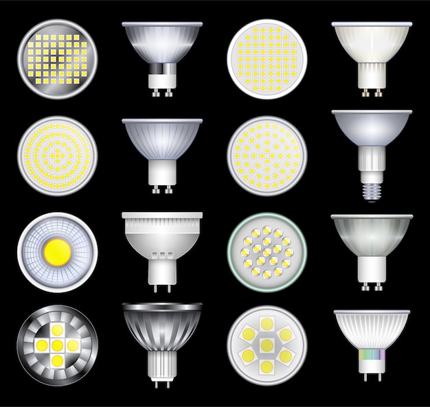 Ledランプ現実的な設定アイコン 白い背景のイラスト照明電球 現実的な設定アイコンはランプを導いた プレミアムベクター