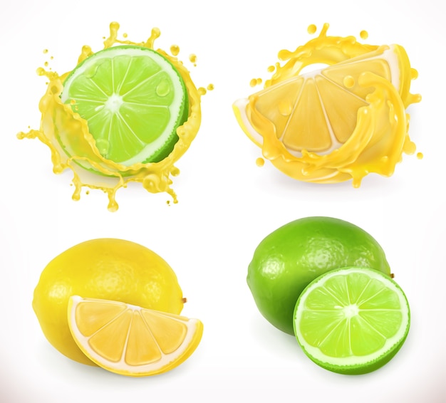 レモンとライムジュース 新鮮な果物 3dベクトルイラスト プレミアムベクター