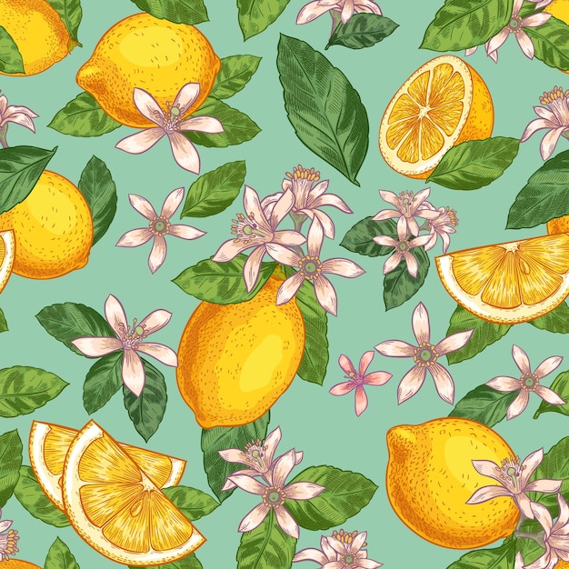 レモンの花のシームレスなパターン 緑の葉と柑橘類の花と手描きの黄色いレモン 植物園の果物のイラスト プレミアムベクター