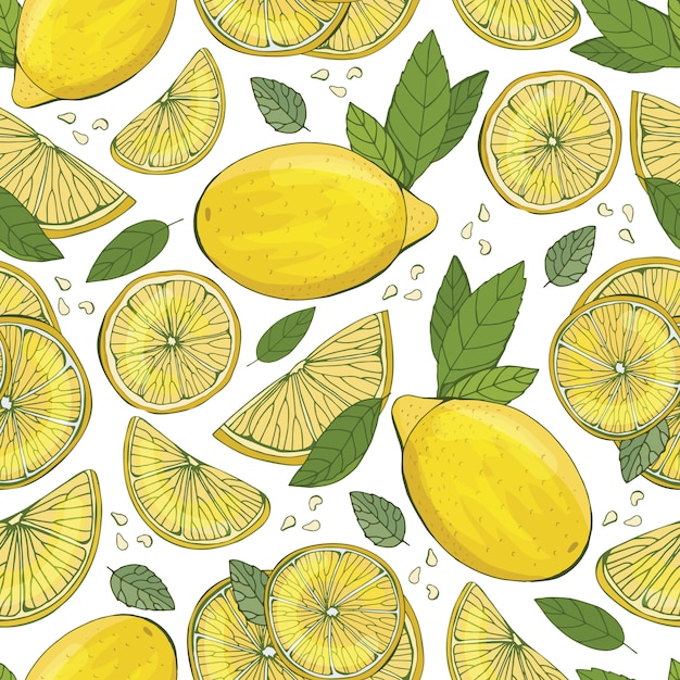 レモンフルーツのシームレスなパターン ファッションデザイン ドレス カーテン キッチンタオルの食品印刷 手描きの壁紙 柑橘類のスケッチの背景 テキスタイル 紙 プレミアムベクター