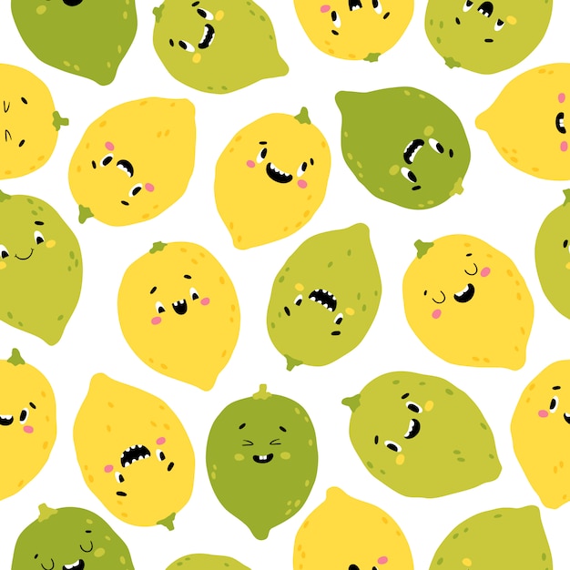 レモンライムのシームレスなパターン 幸せそうな顔で面白い黄色と緑のキャラクター シンプルな手で漫画イラストは北欧スタイルを描画します プレミアムベクター