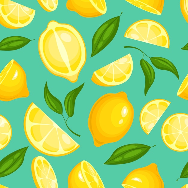 レモンパターン レモネードの葉のイラストや壁紙のシームレスな背景を持つエキゾチックな黄色のジューシーなフルーツ プレミアムベクター