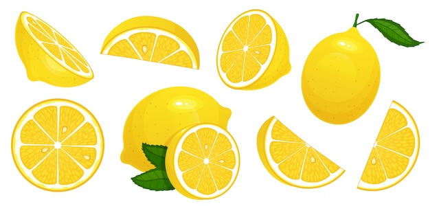 レモンの輪切り 新鮮な柑橘類 半分スライスレモン 刻んだレモン分離漫画イラストセット プレミアムベクター