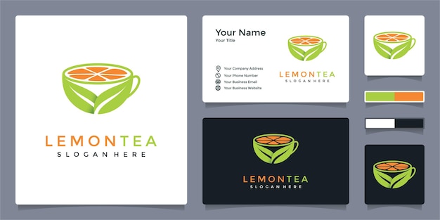 Premium Vector | Lemon, tea leaf and cup logo with business card design