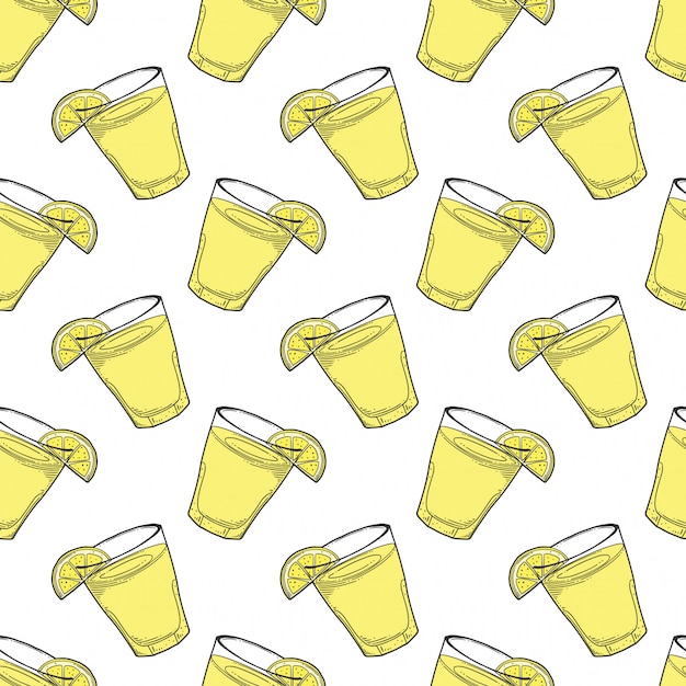 Lemonade cup with lemon slice seamless pattern in doodle and sketch style. Premium Vector