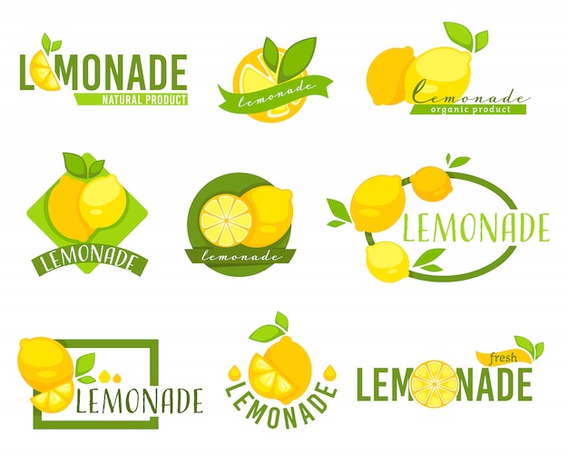 Lemonade label with citrus fruits, lemons emblems set | Premium Vector