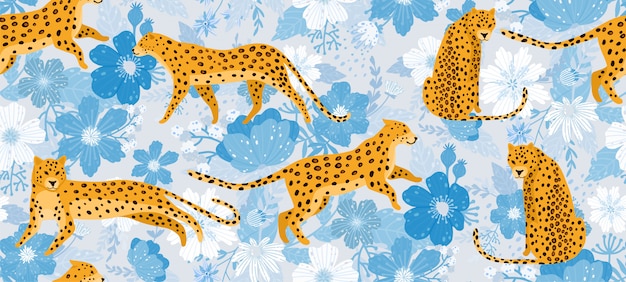 Leopards surrounded by beautiful flowers. elegant summer vector seamless pattern texture in trendy style. Premium Vector