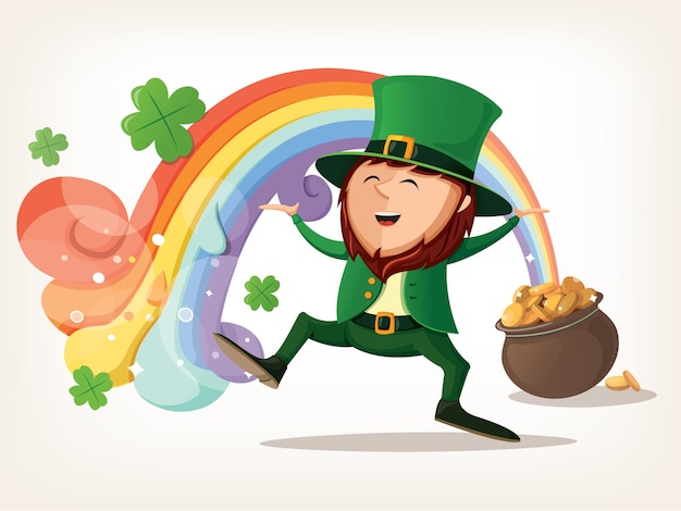 Premium Vector A Leprechaun Dancing Under The Rainbow That Comes Out Of His Pot With Gold