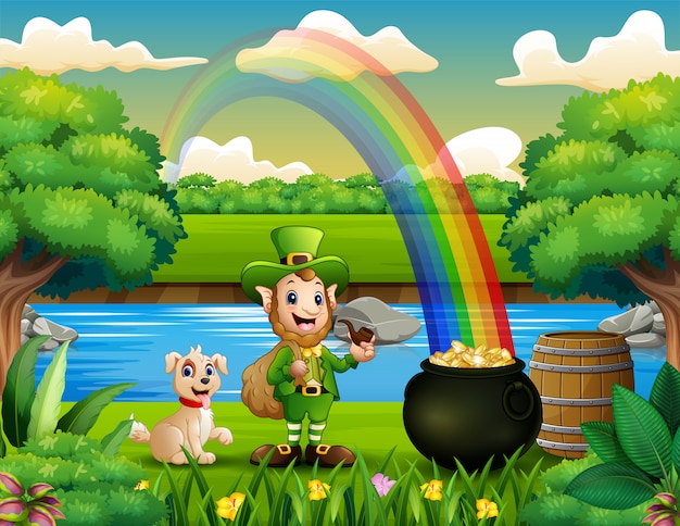 Leprechaun with a dog on the nature and rainbow landscape | Premium Vector