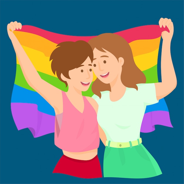 Premium Vector Lesbians Waving Rainbow Lgbt Flag Celebrating Gay Pride