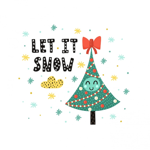かわいいクリスマスツリーと雪カードをしましょう 幼稚なスタイルで面白い休日イラスト プレミアムベクター