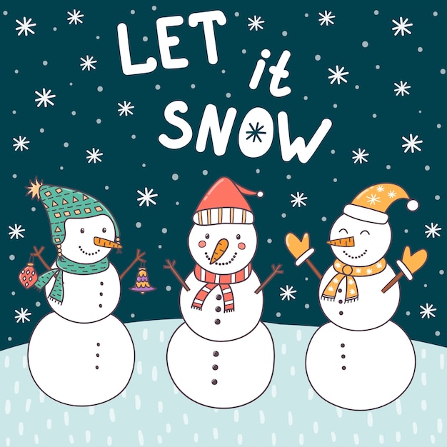 Download Let it snow christmas card with cute snowmen and falling ...