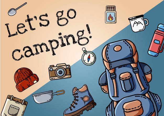 Premium Vector | Let's go camping poster. set of flat ...