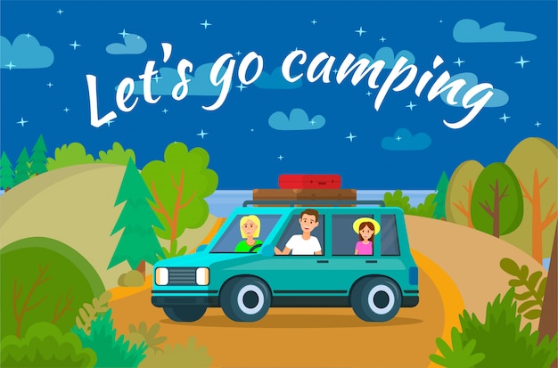 Premium Vector | Lets go camping horizontal banner