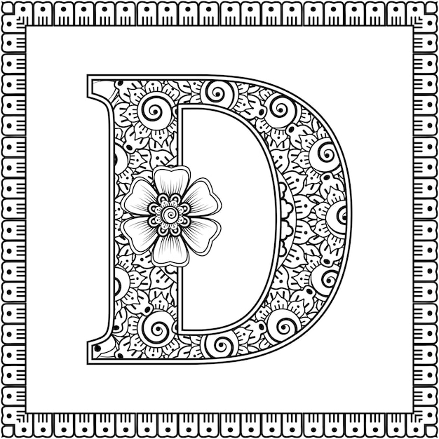 Premium Vector | Letter d made of flowers in mehndi style coloring book ...