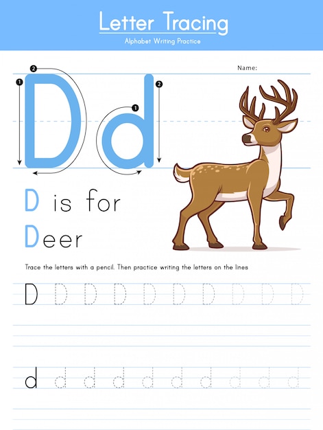 Premium Vector | Letter d tracing animal alphabet d for deer