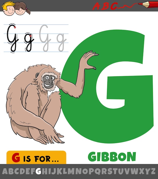 Premium Vector | Letter g from alphabet with cartoon gibbon ape