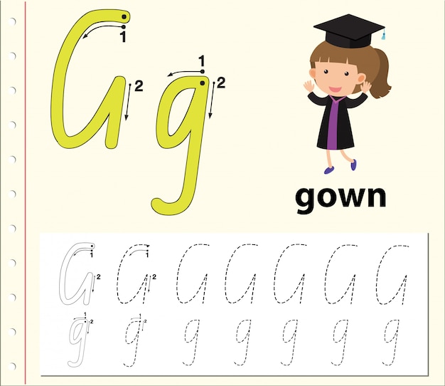 Letter g tracing alphabet worksheets | Premium Vector