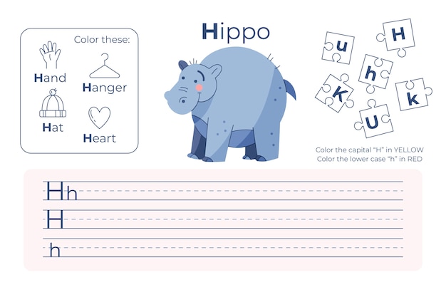 free-vector-letter-h-worksheet-with-hippo