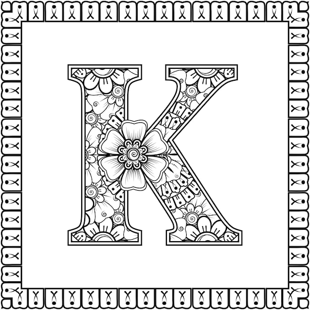 Premium Vector | Letter k made of flowers in mehndi style coloring book ...