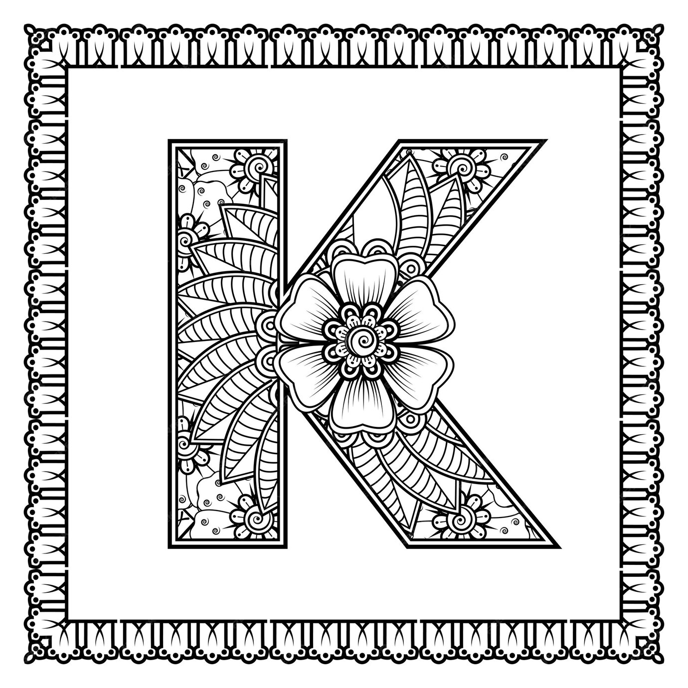 Premium Vector | Letter k made of flowers in mehndi style coloring book ...