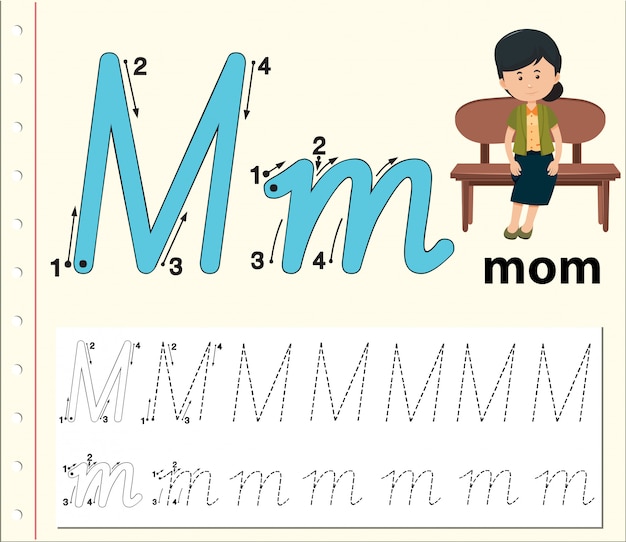 Letter m tracing alphabet worksheet Premium Vector