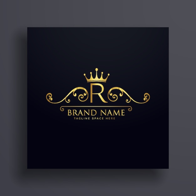 Letter r logo with golden crown and floral decoration Premium Vector