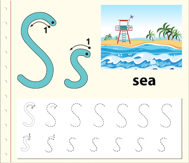 Letter s tracing alphabet worksheets | Premium Vector