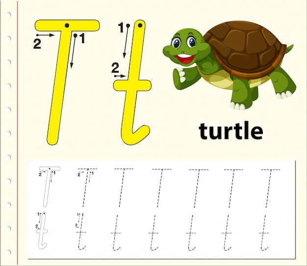 Letter t tracing alphabet worksheets | Premium Vector