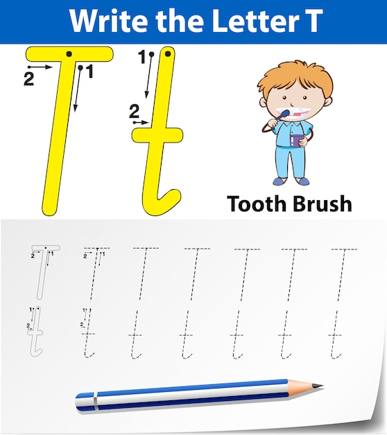 Letter t tracing alphabet worksheets | Premium Vector