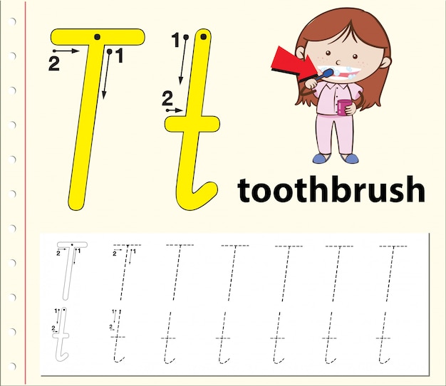 Letter t tracing alphabet worksheets | Premium Vector