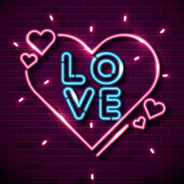 Premium Vector | Lettering of love with hearts of neon lights vector ...