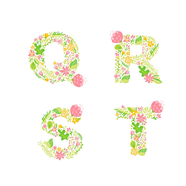 Premium Vector Letters Q R S T With Flowers And Branches Blossom