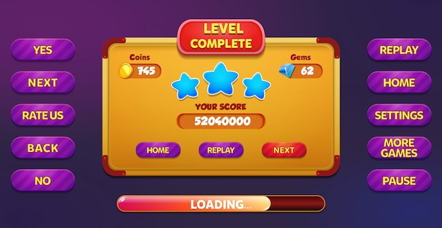 Premium Vector Level Complete Menu Pop Up Screen With Stars Buttons Coins And Gems