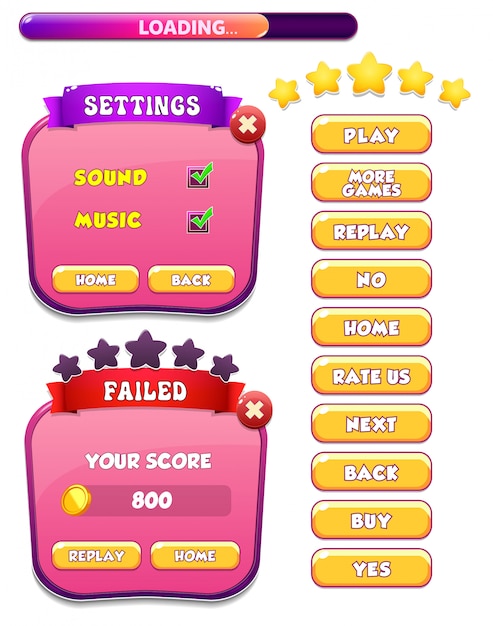 Level failed and settings menu pop up screen with stars and button Premium Vector