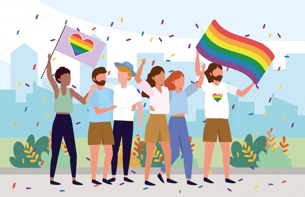 Premium Vector | Lgbt community together with rainbow flags