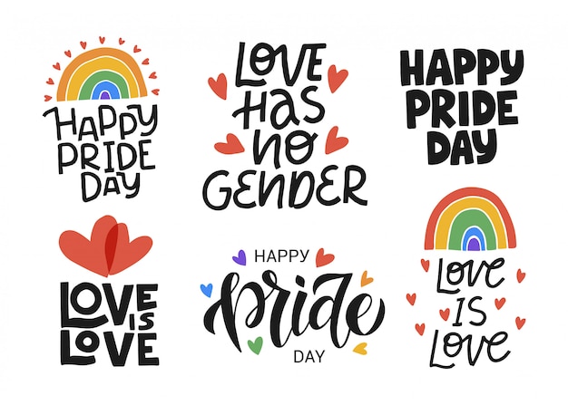 Lgbtイラストセット プライドコミュニティのコンセプト ハッピープライドの日 愛は愛の手描きのモダンなレタリングの引用です 祭りのスローガン プレミアムベクター