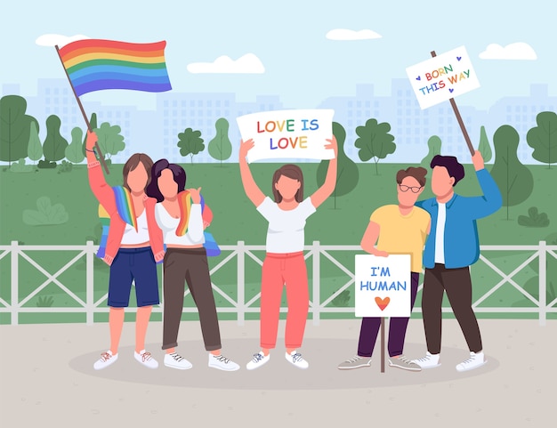 Lgbtの社会運動フラットカラー ゲイとレズビアンは権利を平等にしています 性同一性 同性カップル 背景に緑の風景と2d漫画の顔のないキャラクター プレミアムベクター