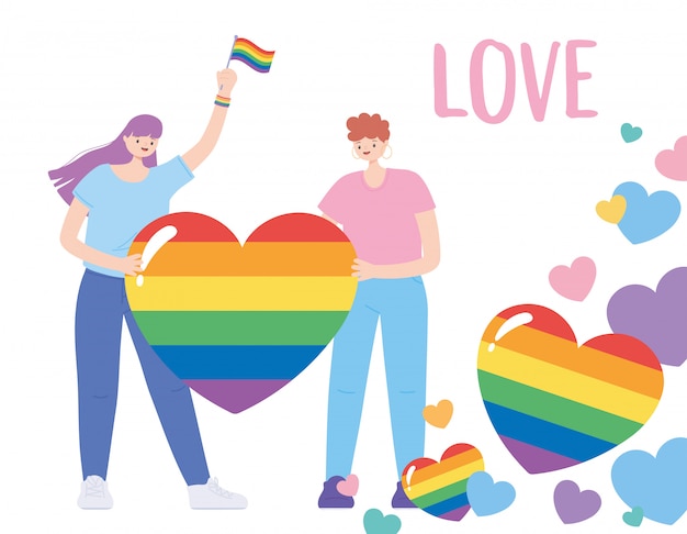 Premium Vector Lgbtq Community Young People With Rainbow Flag Hearts