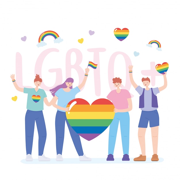 Lgbtqの同性愛とコミュニティは虹の旗のイラストで人々を抗議します プレミアムベクター