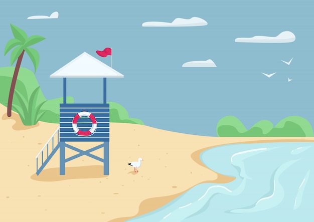 Premium Vector | Lifeguard tower on sand beach flat color illustration