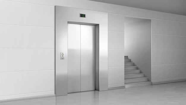 Lift door and stairs in lobby. elevator with closed metal gates, buttons and stage number panel. Free Vector