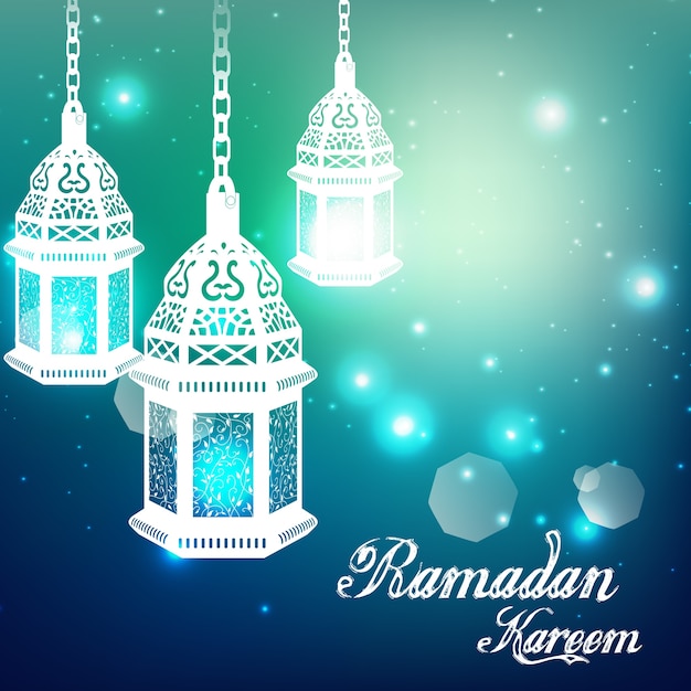 Premium Vector | Light blue ramadan kareem background with illuminated lamp