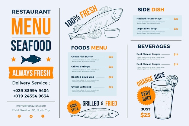 Free Vector | Light blue restaurant menu for digital platform