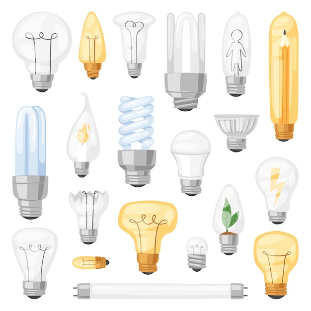 プレミアムベクター 電球電球アイデアソリューションアイコンと電気照明ランプcflまたはled電気と蛍光灯イラスト白背景に設定