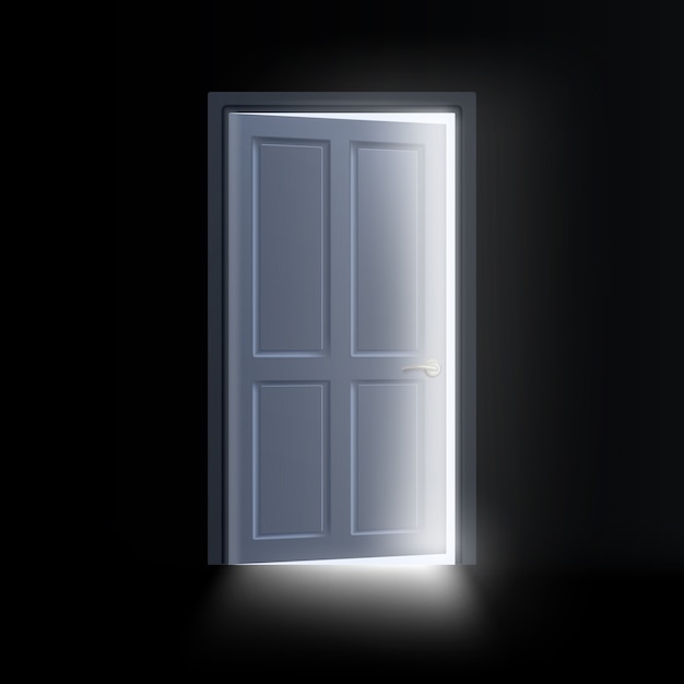 暗い部屋の開いたドアからの光 神秘的な輝く出口 プレミアムベクター