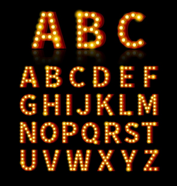 電球フォント テキストとサイン 電球の明るい アルファベットのデザイン 無料のベクター