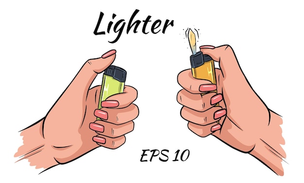 セットの手でより軽い 漫画風のベクトルイラスト ライターは手で燃えています 孤立した白い背景に設定します プレミアムベクター