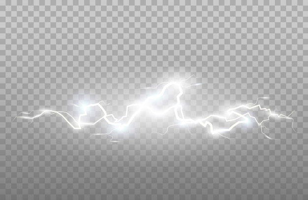 雷と雷または電気 輝きと輝きの効果 エネルギー効果のイラスト 明るい光のフラッシュとスパーク プレミアムベクター